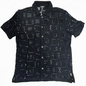 Black Open Knit Full Placket polo